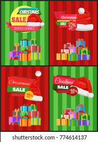 Christmas sale posters Santa Claus hat on 50 discount label, dollar sign, piles of gift boxes on striped background vector banners set with presents