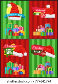 Christmas sale posters Santa Claus hat on 50 discount label, dollar sign, piles of gift boxes on striped background vector banners set with presents
