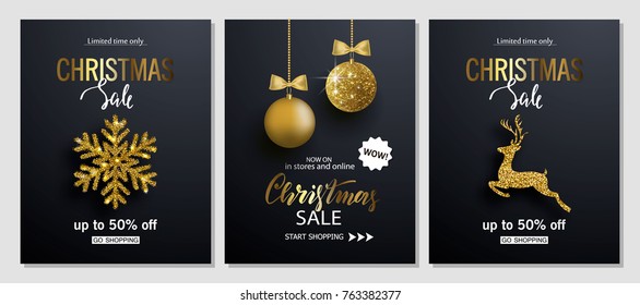 Christmas Sale posters with shiny snowflake,Christmas ball and Golden deer. Vector illustration. Design for invitation, banners, ads, coupons, promotional material