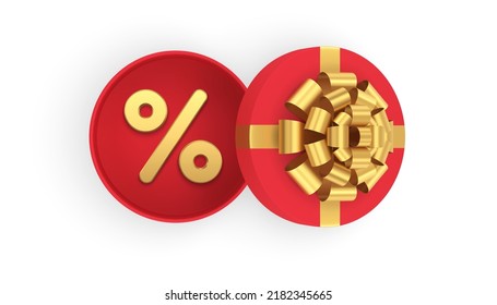 Christmas sale premium circle open red gift box with percentage symbol top view realistic 3d icon vector illustration. Xmas winter seasonal discount special offer price off business marketing promo