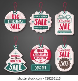 Christmas sale price tags vector set with different discount text and shapes of white paper cut label hanging for season promotion. Vector illustration.
