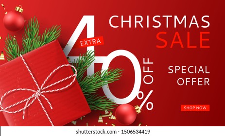 Christmas sale promo banner. Holiday background with realistic gift box, fir-tree branches, red balls and golden confetti. Vector illustration. Ads social media web banner for sale and product promo.