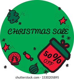 Christmas sale promo. Hand drawn winter elements. Gift with text 50% off. Season fair