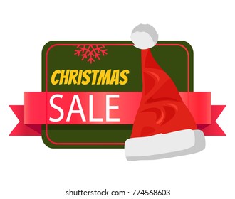 Christmas sale promo label with Santa Claus hat, polygon on green background, snowflake sign, advertisement badge with red winter headwear icon