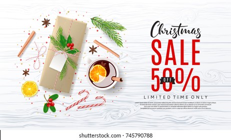 Christmas Sale Promo Web Banner. Top View on Festive Decoration with Paper Gift Box for Happy New Year or Merry Christmas. Vector Illustration with Discount Offer. Greeting Card with Lettering.