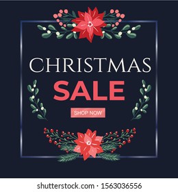 Christmas Sale promotion banner for advertising with winter floral decoration and sparkling lights.