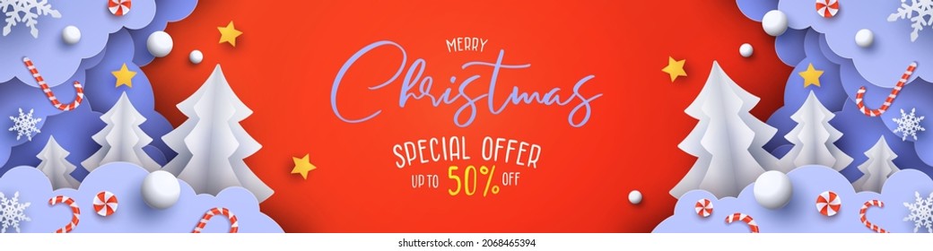 Christmas sale promotion banner with cute paper fir trees, snow drifts, candy and stars in the clouds. Paper cut style. Winter holiday web sale design template, long horizontal frame border, header