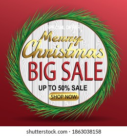 Christmas sale promotion banner with Christmas leaves, tree, lights and colorful elements in christmas leaf frame on white, red background. Vector illustration.