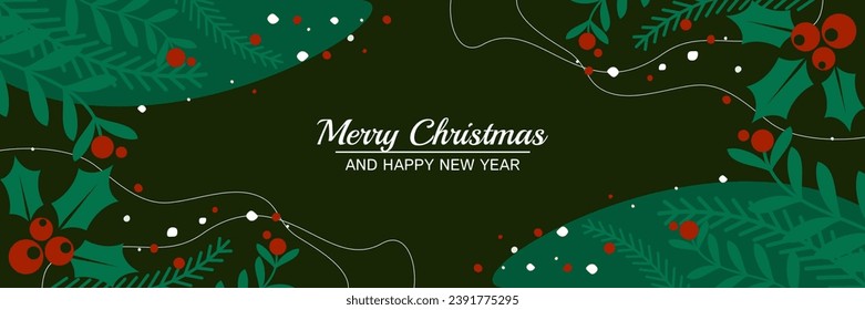 christmas sale promotion banner, nature concept with pine leaves, holly, cherry ornaments. vector design for banner, poster, social media promotion, web, flyer, greeting card.