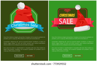 Christmas sale promotion cards vector illustration with text samples, push-buttons red snowflake, Santa's hats with bubo isolated on green backgrounds