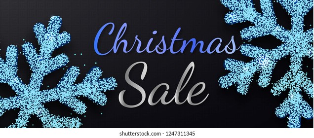 Christmas sale. Promotion Poster or banner with blue and silver style text and on blue snowflake On black background Promotion or shopping design template for Christmas or New Year.Vector EPS10