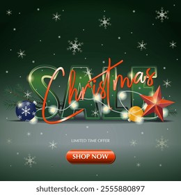 Christmas sale promotion poster composed of elements of christmas graphic sources. Green banner, christmas tree, glass balls - vector illustration holiday  background. 