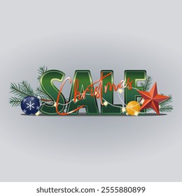 Christmas sale promotion poster composed of elements of christmas graphic sources.Banner, christmas tree, glass balls - vector illustration. 