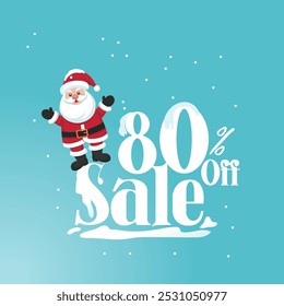 Christmas sale promotion with Santa Claus Cartoon illustration featuring Santa Claus, a cheerful snowman, and a penguin amidst falling snowflakes. Perfect for Christmas promotions and festive holiday 