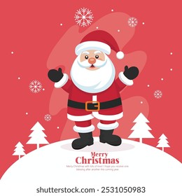 Christmas sale promotion with Santa Claus Cartoon illustration featuring Santa Claus, a cheerful snowman, and a penguin amidst falling snowflakes. Perfect for Christmas promotions and festive holiday 