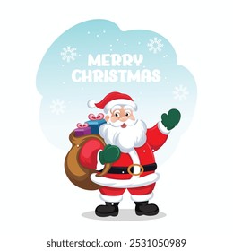 Christmas sale promotion with Santa Claus Cartoon illustration featuring Santa Claus, a cheerful snowman, and a penguin amidst falling snowflakes. Perfect for Christmas promotions and festive holiday 