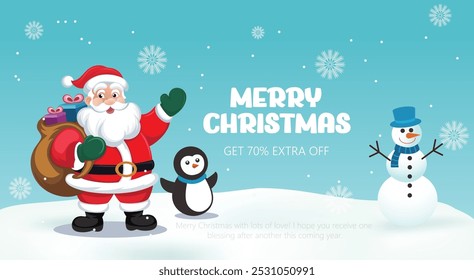 Christmas sale promotion with Santa Claus Cartoon illustration featuring Santa Claus, a cheerful snowman, and a penguin amidst falling snowflakes. Perfect for Christmas promotions and festive holiday 