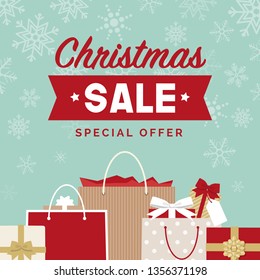 Christmas sale promotional advertisement and social media post with gifts and shopping bags