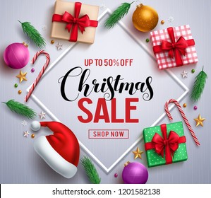 Christmas sale promotional banner with gifts and colorful christmas elements in a frame in white background. Vector illustration.
