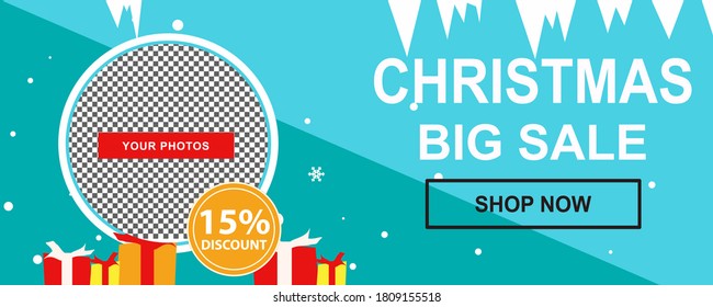 Christmas sale promotional banner with gifts and colorful christmas elements.