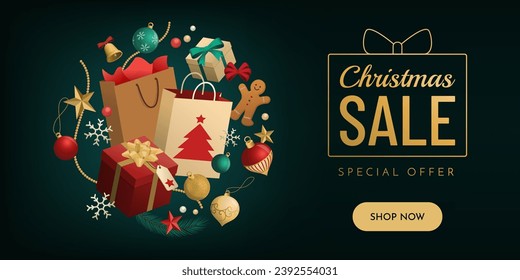 Christmas sale promotional banner with gifts and shopping bags, copy space