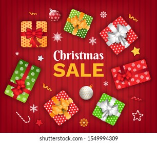Christmas sale promotional poster with gifts and decoration vector. Boxes with ribbons and baubles. Red curtain background. Promo banner with discounts propositions from shops flat style illustration