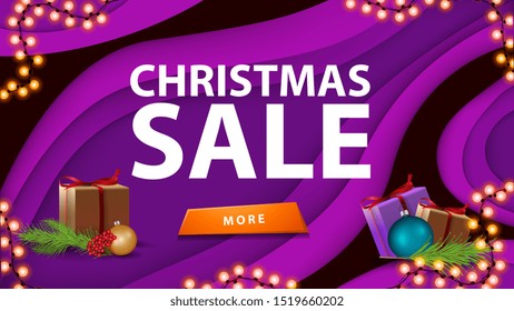 Christmas sale, purple discount banner in paper cut style with button, gift and Christmas tree branch