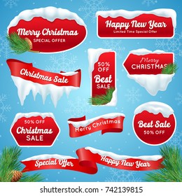 Christmas sale realistic badges with snow piles isolated vector illustration