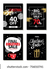 Christmas sale, really big 70% off, holiday discount, collection of promo posters with headlines, frames and brush, cup and gift vector illustration