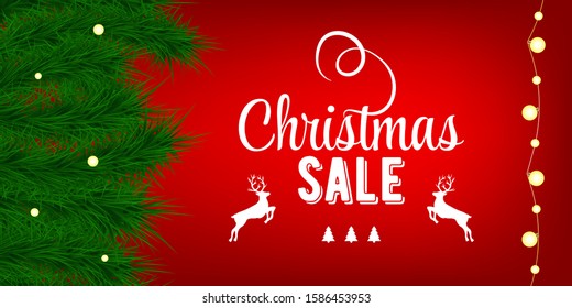 Christmas sale red banner in beautiful style. Vector label tag. Vector business. Red background. Christmas celebration. Banner template. Season sale vector label. Fir and light