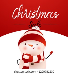 Christmas Sale red banner design with winking snowman. Lettering with winking snowman in hat and scarf on red and white background. Can be used for sales, shops, discounts