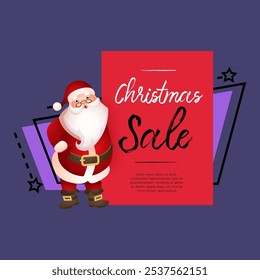 Christmas Sale red banner design with Santa Claus and sample text. Lettering with cartoon Santa Claus with sample text on abstract background. Can be used for sales, discounts, shops