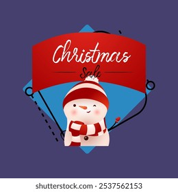 Christmas Sale red banner design with winking snowman. Lettering with winking snowman in hat and scarf on abstract background. Can be used for sales, shops, discounts