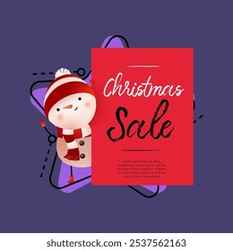 Christmas Sale red banner design with cute snowman and sample text. Lettering with cartoon snowman in hat and scarf on abstract background. Can be used for sales, discounts, shops