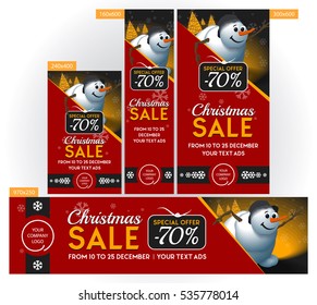 Christmas Sale red banner set with snowman, gift and snowfall