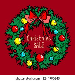 Christmas Sale - red card with color hand-drawn Christmas wreath
