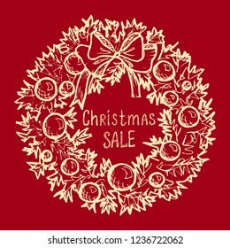 Christmas Sale - red card with hand-drawn Christmas wreath