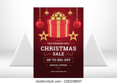Christmas sale red flyer template wrapped gift box with hanged ball bauble realistic 3d icon vector illustration. Xmas seasonal discount shopping business offer present surprise marketing poster