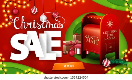 Christmas sale, red and green discount banner in paper cut style with garlands, Christmas balls, button and Santa letterbox with presents