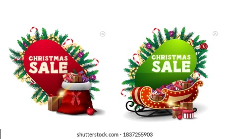 Venta navideña, banners de descuento rojo y verde en forma de caricatura en forma de punteros abstractos decorados con elementos navideños, trineos Santa y bolso Santa