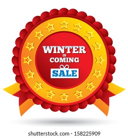 Christmas sale red label with stars and ribbons. Winter is coming. Round sticker icon for shopping. Isolated on white.