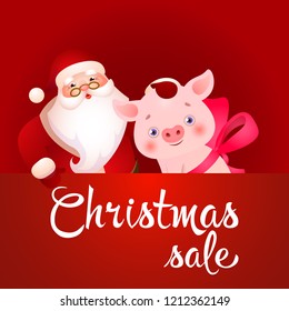 Christmas sale red poster design with piglet and Santa Claus. Creative inscription with cartoon characters of Santa and cute piglet on red background. Can be used for advertising, shopping, sales