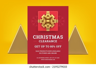 Christmas sale red premium announcement flyer template realistic 3d icon vector illustration. Xmas seasonal winter discount shopping commercial offer business price off luxury wrapped gift box bow