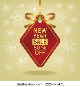 christmas sale red price tag and gold ribbon template 