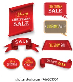 Christmas Sale, red realistic paper ribbon, banner isolated on white background.