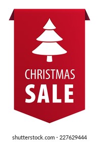 Christmas sale red ribbon tag banner with fir tree icon isolated on white background. Vector illustration