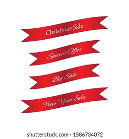 Christmas Sale Red ribbons, Holiday Sale promotion badge emblem ribbon set. Vector illustration realistic style.