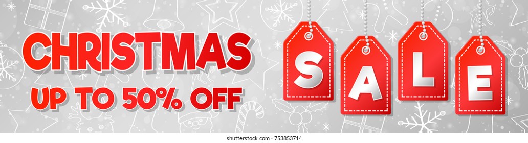 Christmas Sale - red and silver poster. Vector.