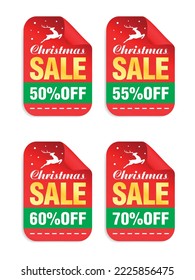 Christmas sale red stickers set. Sale 50%, 55%, 60%, 70% off. Vector illustration