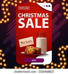 Christmas sale, red vertical discount banner with button and cookies with a glass of milk for Santa Claus